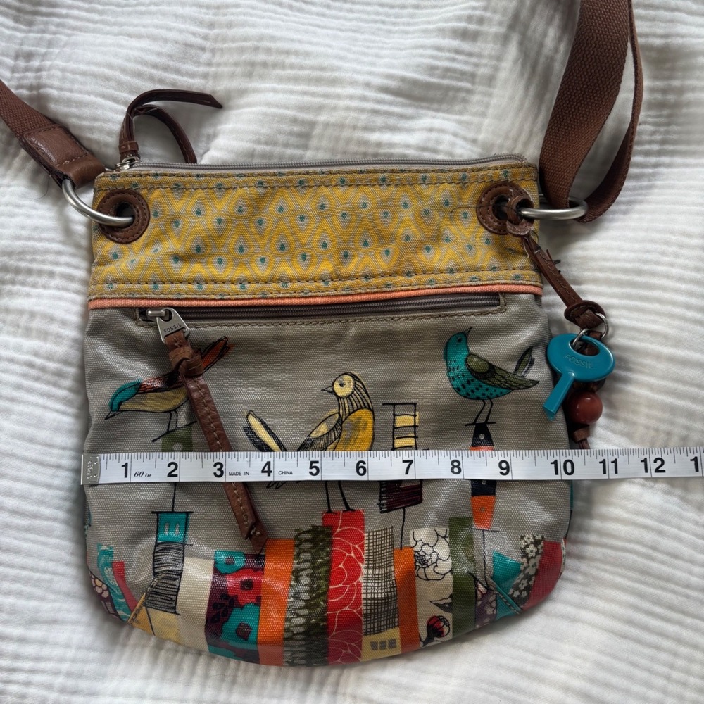 Fossil Key-Per Bird Print Coated Canvas Crossbody Bag Gray Yellow Multi - Picture 4 of 8